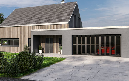 Wśród dostępnych w jesiennej promocji bram garażowych są wykonane z profili aluminiowych modele segmentowe ART 42, ART 42 Thermo, ART 42 Vitraplan oraz widoczna na zdjęciu brama boczna HART 42