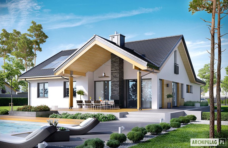 Simon G2 - elewację zdobi biały tynk cienkowarstwowy mineralny oraz okładzina drewniana. Komin wykończono okładziną kamienną