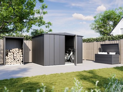 Linia produktów związanych z systemami przechowywania ciągle się rozwija. Na Targach BAU 2025 klienci będą mogli zapoznać się z zaletami metalowych domków i skrzyń ogrodowych oraz stojaków na drewno kominkowe Fot. Hörmann